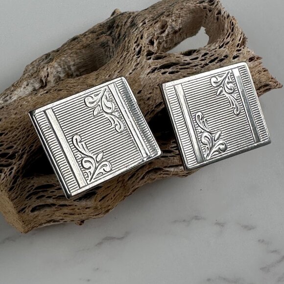 1960s Silver Cufflinks Etched Detail - Picture 8 of 8